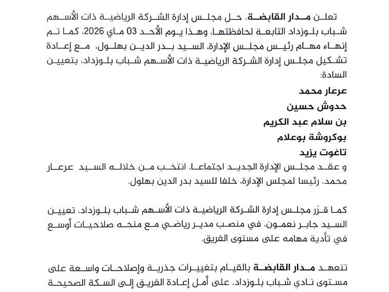 تنصيب مجلس إدارة جديد لشباب بلوزداد برئاسة محمد عرعار
